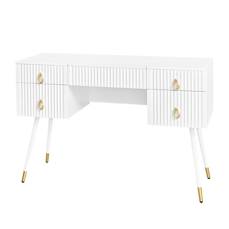 Weißer Schminktisch(Ohne Stühle), Enthält LED-Spiegel mit einstellbarer Helligkeit, luxuriösem vergoldetem Zubehör und mehreren Stauräumen, mit 4 Schubladen, Schreibtisch univer, Weiß