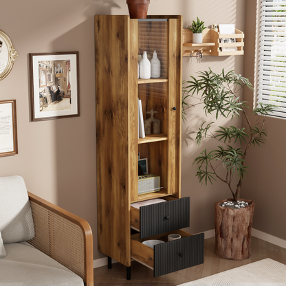 Sideboard, Hochschrank in schwarzer Holzmaserung – 180 x 44 x 40 cm mit Glastür, gelbem LED-Licht, 2 Schubladen