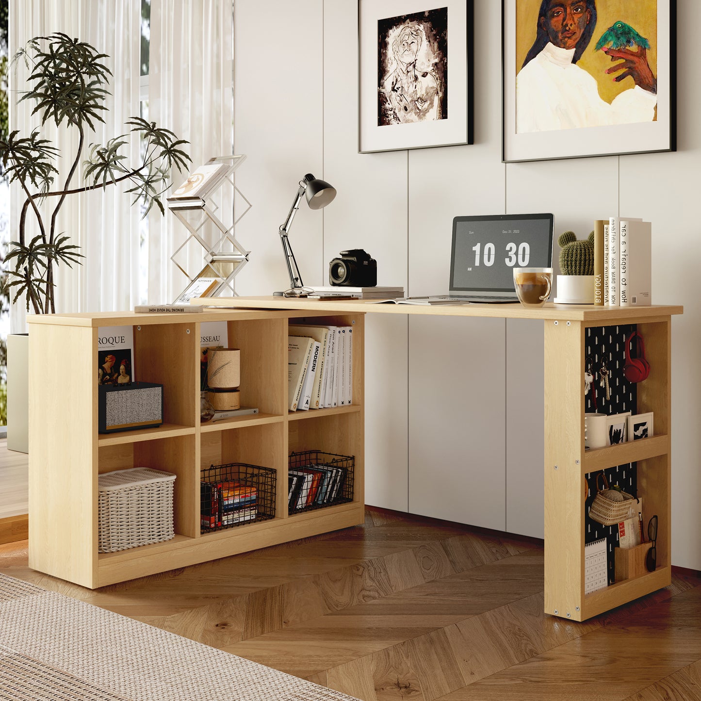 Multifunktionaler Bürotisch, Sechsfach-Lagerschrank + Ablage, super belastbar, veränderbare Form, Natural
