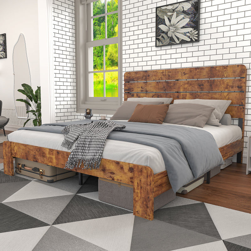 Holz Doppelbett, antikes Holz Bettgestell mit Eisen Lattenrost und hohem Kopfteil, mit Eisenrohrrahmen 140 x 200 cm
