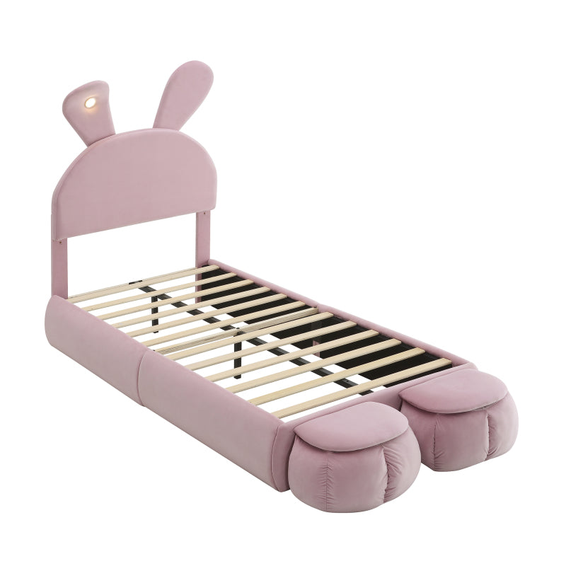 Polsterbett, Einzelbett, Hasenohren mit einstellbarer Helligkeit warmfarbenen Lichtstreifen, mit zwei Aufbewahrungshockern, Kinderbett mit Holzlatten, Samt, Rosa, 90x200cm