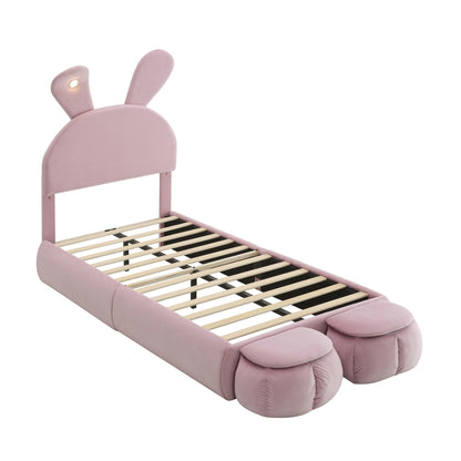 Polsterbett, Einzelbett, Hasenohren mit einstellbarer Helligkeit warmfarbenen Lichtstreifen, mit zwei Aufbewahrungshockern, Kinderbett mit Holzlatten, Samt, Rosa, 90x200cm