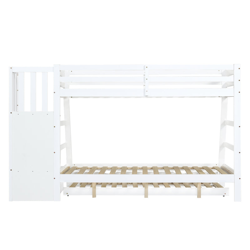 Etagenbett mit Rollbett, Kinderbett mit Leiterschrank und Handlauf, mit Fallschutzgitter an allen Seiten, Kiefer+MDF, Weiß, 90x190CM Rollbett, 90/120x200CM