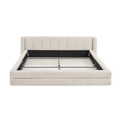 Doppelbett 140×200cm, Chenillestoff, komfortable Rückenlehne, robustes Eukalyptus- und Eisengestell, einfach zu montieren, Beige (ohne Matratze)