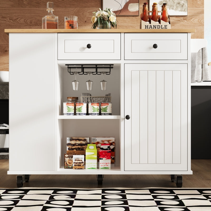 Kücheninsel mit herausnehmbaren Trennwänden, Küchenschrank, Esszimmerwagen mit Arbeitsplatte, Buffetschrank, Esszimmerwagen mit Holzmaserung, ausgestattet mit Snackhalter und Weinglasregal, weiß
