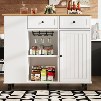 Kücheninsel mit herausnehmbaren Trennwänden, Küchenschrank, Esszimmerwagen mit Arbeitsplatte, Buffetschrank, Esszimmerwagen mit Holzmaserung, ausgestattet mit Snackhalter und Weinglasregal, weiß
