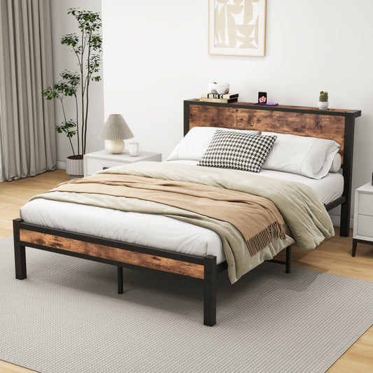 140x200 cm Metallgestell mit Stauraum-Kopfteil, Einzelnes Metall-Plattformbettgestell, Geräuschfrei, Metalluntergestell, Ohne Boxspring Notwendig, Vintage Braun