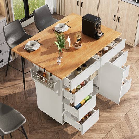 Moderne Kücheninsel, Küchenschrank, Ausziehbarer Küchenwagen mit Rollen und Arbeitsplatte, Servierwagen mit Gewürzregal und 8 Schubladen, weiß
