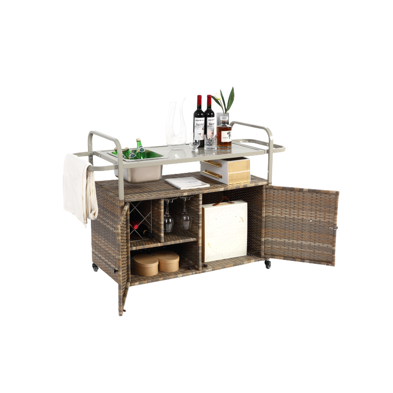 Outdoor Bar Table, Wicker Bar Cart with Cabinet, Patio Serving Cart with steel Top, with one ice bucket,Lockable Wheels, Side Basket for Garden, Poolside & Backyard, Beige