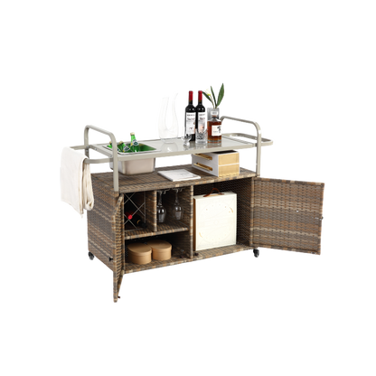 Outdoor Bar Table, Wicker Bar Cart with Cabinet, Patio Serving Cart with steel Top, with one ice bucket,Lockable Wheels, Side Basket for Garden, Poolside & Backyard, Beige