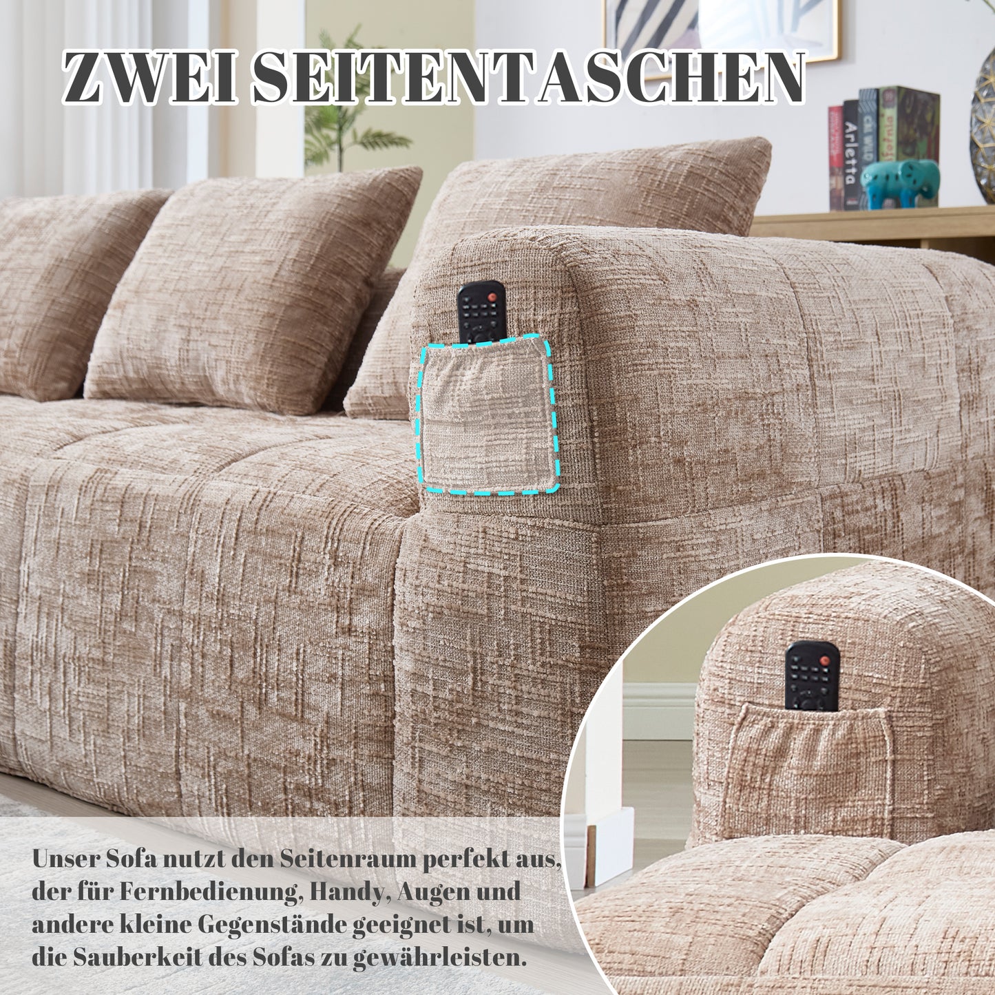 Modernes Sektionssofa, L-Sofa, 3-Sitzer-Sofa, keine Installation erforderlich, Chenille-Sofa mit Chaiselongue und Armlehnen, 3 Kissen, Seitentasche für Fernbedienung, khaki