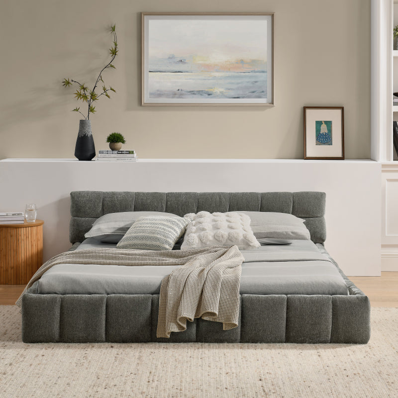 Doppelbett 140*200 cm, Bett mit seidig weichem Chenille - Bezug, quadratischem Steppdesign, Dark Gray (ohne Matratze)