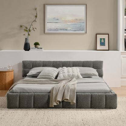 Doppelbett 140*200 cm, Bett mit seidig weichem Chenille - Bezug, quadratischem Steppdesign, Dark Gray (ohne Matratze)