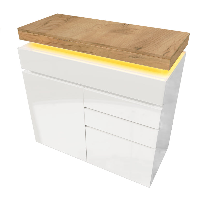 Kommode, Hochglanz Sideboard mit 2 Türen und 3 Schubladen, LED Beleuchtung (App Control), Mehrzweckschrank für Wohnzimmer und Schlafzimmer, 115 x 110 x 39 cm, Weiß