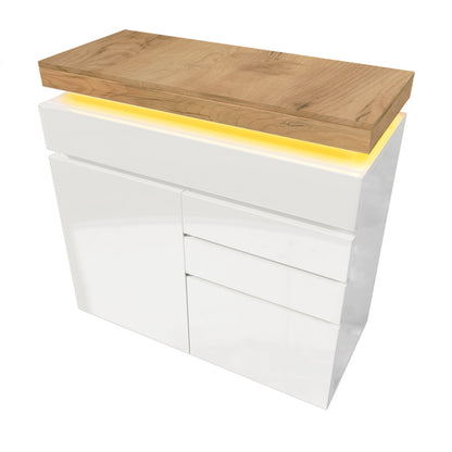 Kommode, Hochglanz Sideboard mit 2 Türen und 3 Schubladen, LED Beleuchtung (App Control), Mehrzweckschrank für Wohnzimmer und Schlafzimmer, 115 x 110 x 39 cm, Weiß