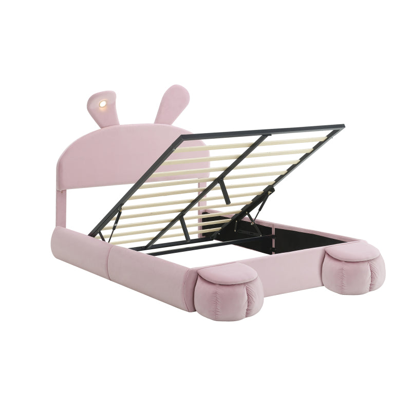 Polsterbett, Doppelbett, hydraulisches Bett, Hasenohren mit einstellbarer Helligkeit warmfarbenen Lichtstreifen, Stauraum unter dem Bett, zwei Aufbewahrungshockern, Samt, Rosa, 140x200cm