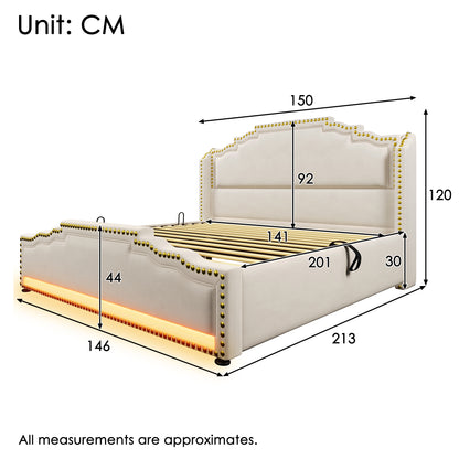 Polsterbett 140x200, Doppelbett mit hydraulischem Stauraum, LED-Beleuchtung und USB-C-Ladeanschluss, Stauraumbett und Jugendbett mit Lattenrost, Samt, Beige, Mit Matratze