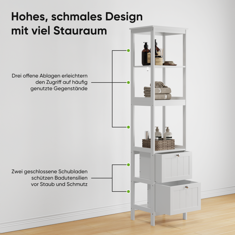 Schmaler Hochschrank, Badezimmerschrank mit 2 Schubladen und 3 Einlegeböden, 40Lx30Bx160Hcm, Weiß