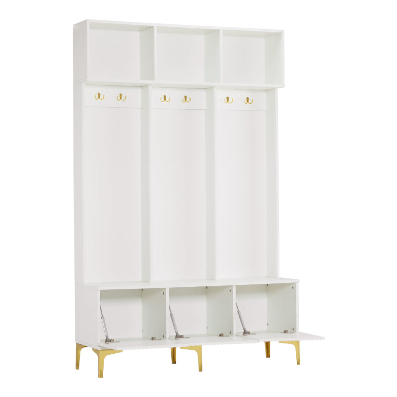 Garderobenset mit Bank, multifunktionale Aufbewahrungsbank, offene Aufbewahrung,6 goldene Haken und Füße, geeignet für Flur, Wohnzimmer, weiß, B120/D40/H191.5CM