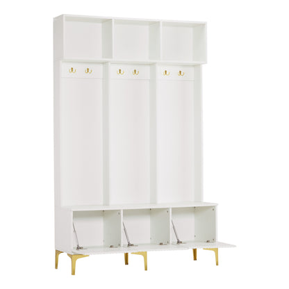 Garderobenset mit Bank, multifunktionale Aufbewahrungsbank, offene Aufbewahrung,6 goldene Haken und Füße, geeignet für Flur, Wohnzimmer, weiß, B120/D40/H191.5CM
