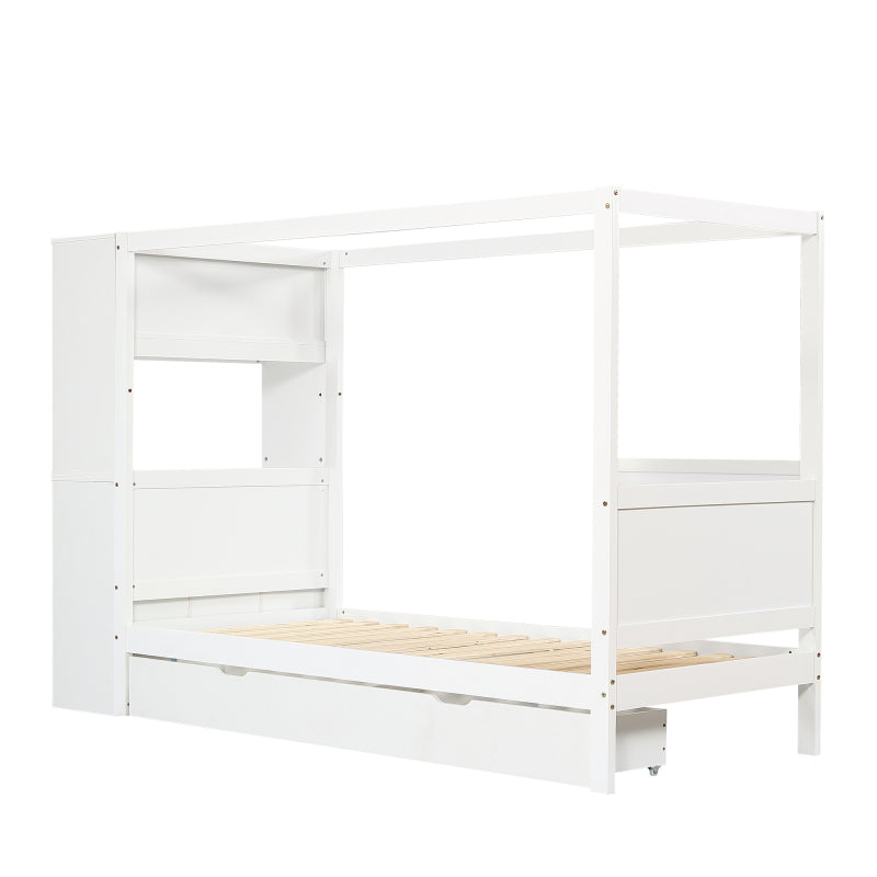 Einzelbett, Kinderbett mit Fallschutz und Gitter,  Holzbett mit Stauraum, Weiß+Natur,  90x200cm