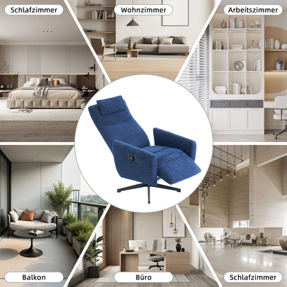 Bequemer Relaxsessel mit Liegefunktion – Chenille Fernsehsessel mit Fußstütze, drehbarer Stillsessel & Loungesessel für Wohnzimmer, modernes Sofa, Blau