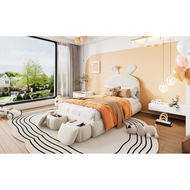 Polsterbett, Einzelbett, Hasenohren mit einstellbarer Helligkeit warmfarbenen Lichtstreifen, mit zwei Aufbewahrungshockern, Kinderbett mit Holzlatten, Samt, Beige, 90x200cm