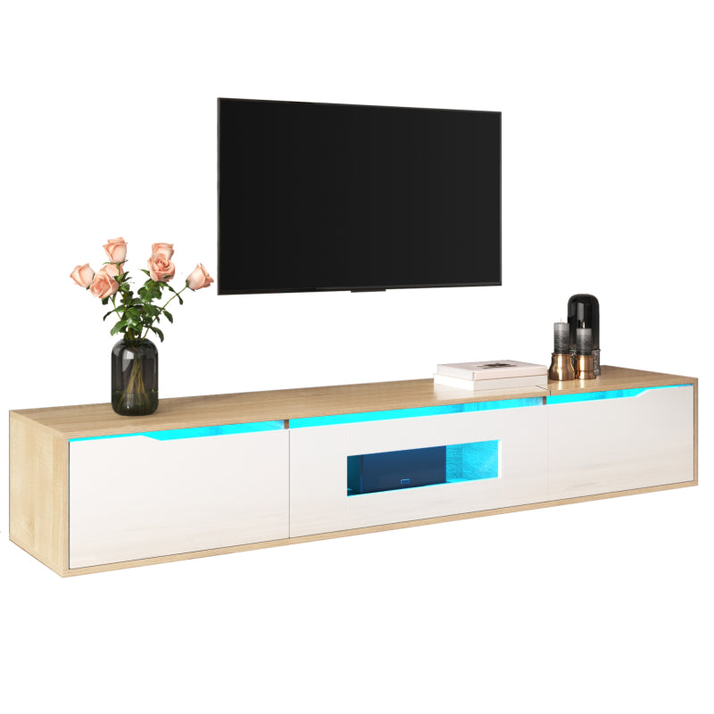 TV-Schrank, Hochglanz-TV-Schrank, farblich passend zu Hochglanz-Weiß und Holzfarbe, mit farbwechselndem LED-Licht.
