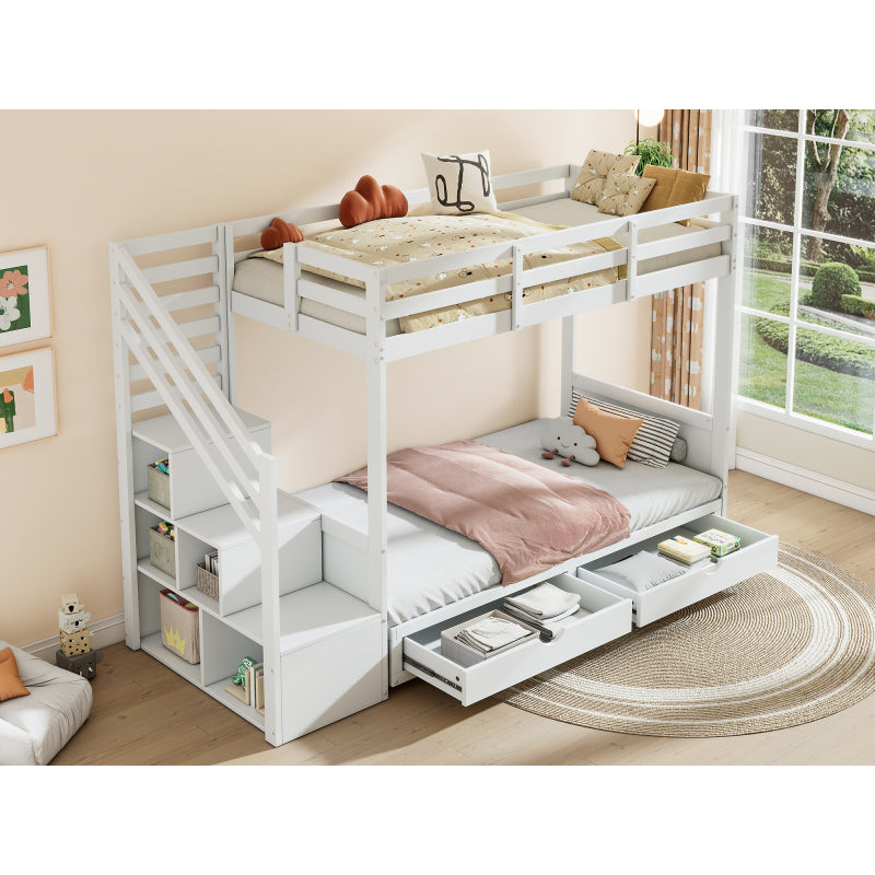 Kinder-Etagenbett, Doppelbett, multifunktionales Kinderbett,Mit Treppenschrank und 2 Schubladen, ohne Matratze, Die untere Ebene als Bett oder Sofa genutzt und enthält Kissen , weiß, 90*200