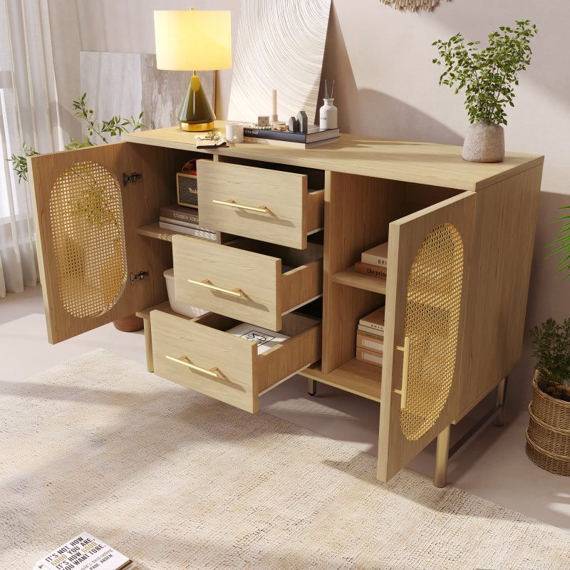 Rattan kommode mit 3-Schubladen und 2-Rattan-Türer,kommode schrank, Schminktisch, für Schlafzimmer und Wohnzimmer, Verstellbare Regale, Kippschutz, 120 x 40 x 74 cm, Sonoma Eiche