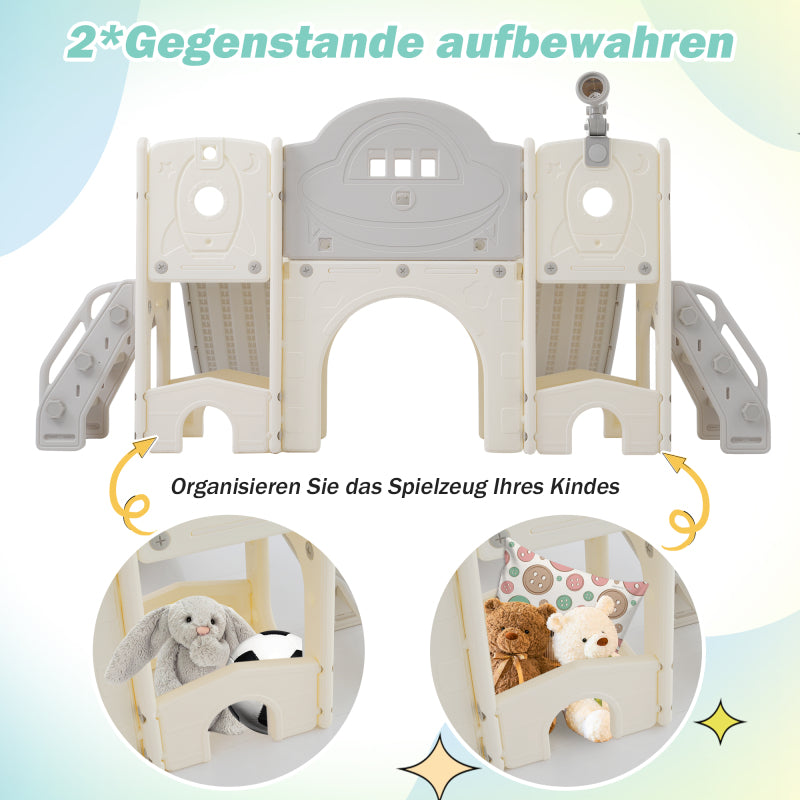 8 in 1 Kinderrutsche Kletterspielzeug, Multifunktionsrutsche mit 2 Rutschen, freistehende Rutsche, Klettern, Bohrspiel, Stauraum, Spielkorridor, Basketballkorb, Lasso-Spiel, Teleskop. Hergestellt aus
