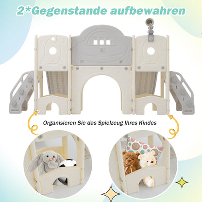 8 in 1 Kinderrutsche Kletterspielzeug, Multifunktionsrutsche mit 2 Rutschen, freistehende Rutsche, Klettern, Bohrspiel, Stauraum, Spielkorridor, Basketballkorb, Lasso-Spiel, Teleskop. Hergestellt aus