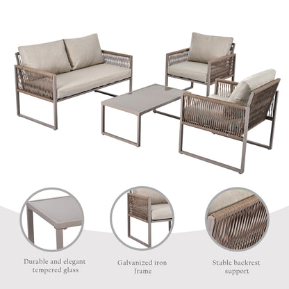 Garten-Lounge-Set mit verzinktem Eisenrahmen, Gartenmöbel-Set aus Seil, Lounge-Set aus khakifarbenem Seil mit Sitzkissen, verstellbaren Füßen, glatter Glasplatte, 4er-Set, inklusive aller Kissen