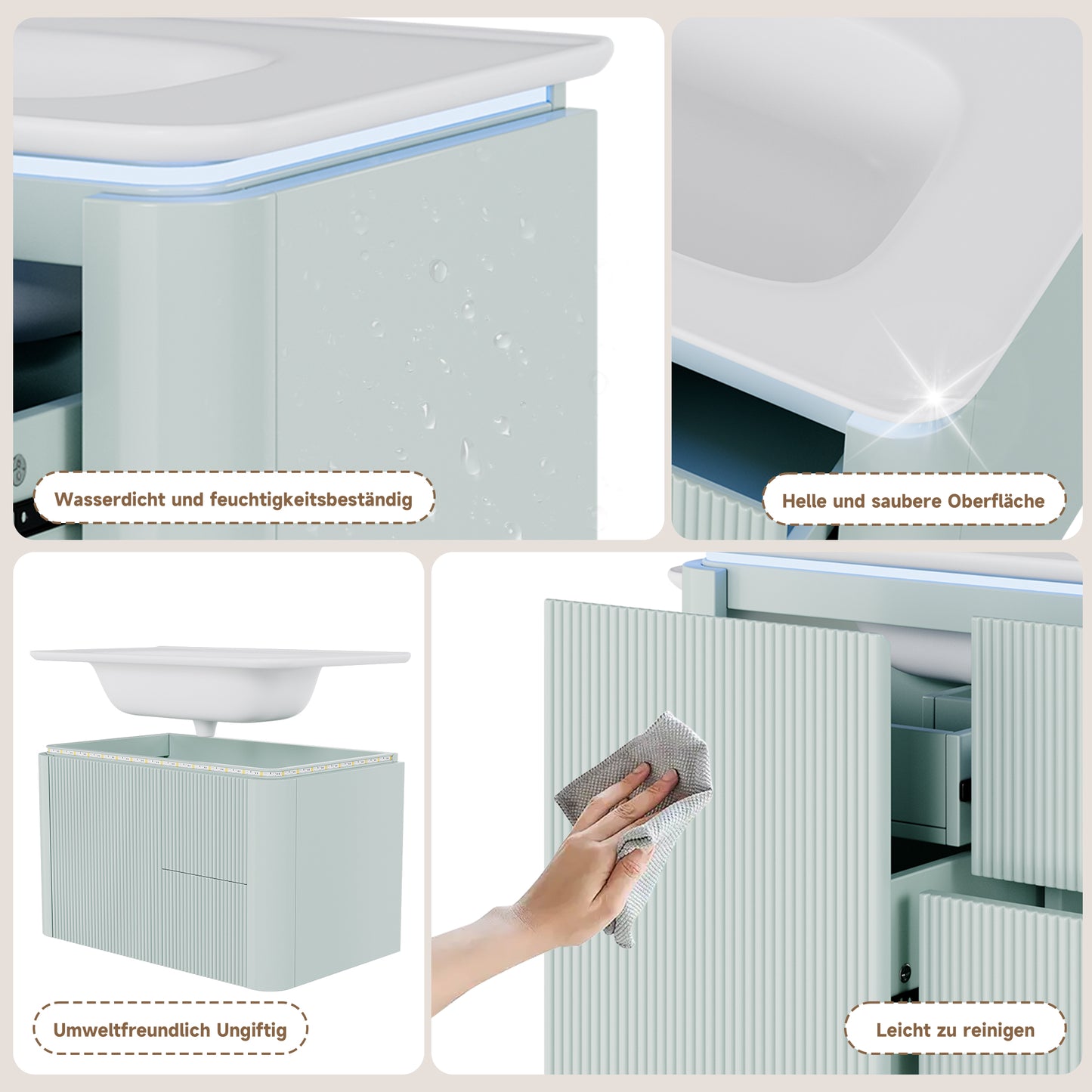 Badezimmerschrank Wandhängend 80cm Grün, 3D-Struktur & LED-Sensor, Waschtisch mit Keramikbecken, 4 leise Schubladen, Lackiert, Anti-Stoß