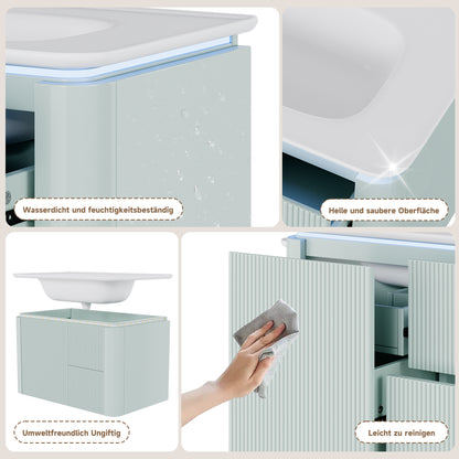 Badezimmerschrank Wandhängend 80cm Grün, 3D-Struktur & LED-Sensor, Waschtisch mit Keramikbecken, 4 leise Schubladen, Lackiert, Anti-Stoß
