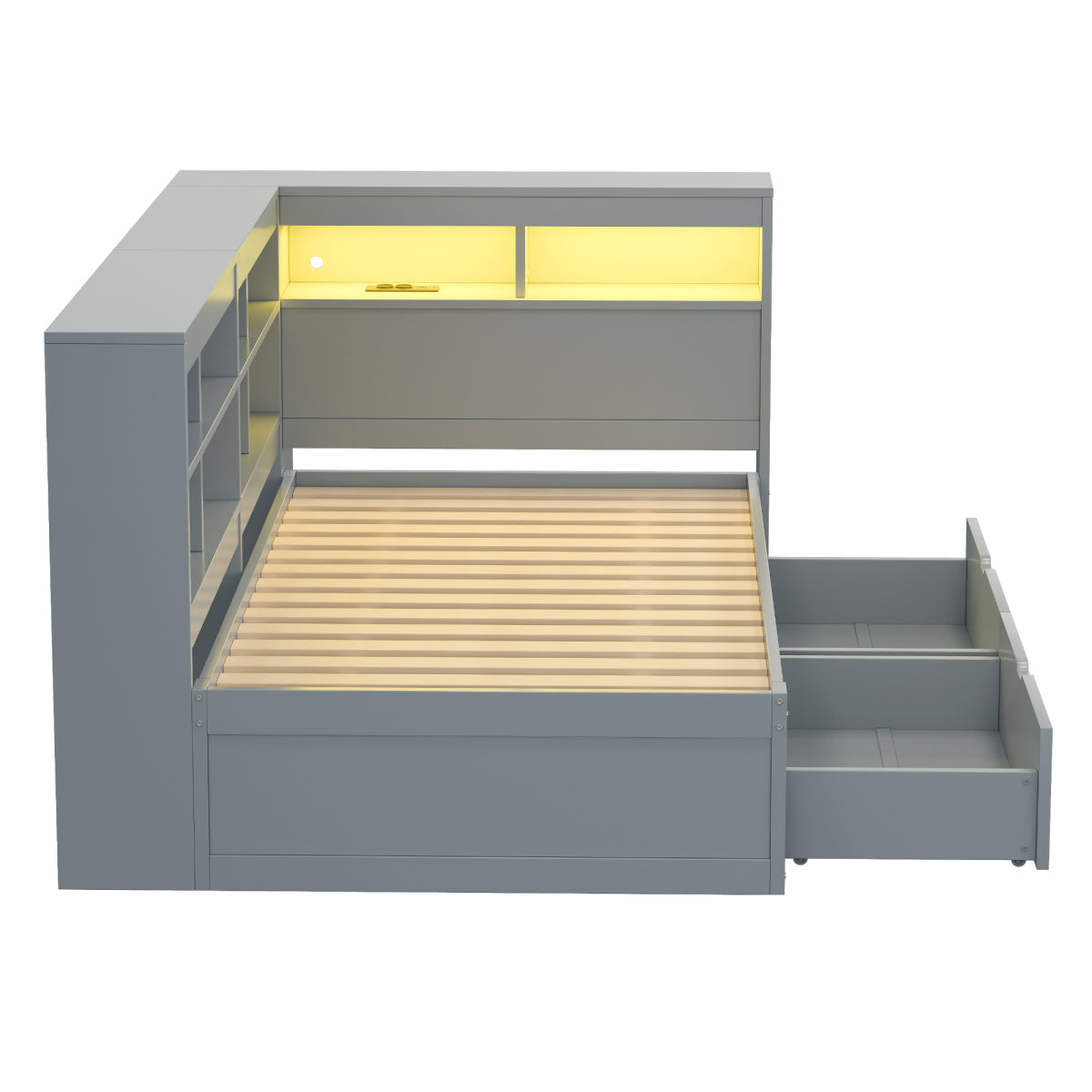 Massivholz-Einzelbett 90x200 Weiß mit LED & USB-Steckdose - Multifunktionales Schlafsofa mit Regalen, Ablagefächern & viel Stauraum, Grau