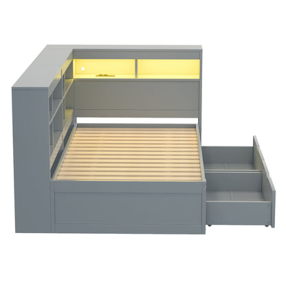Massivholz-Einzelbett 90x200 Weiß mit LED & USB-Steckdose - Multifunktionales Schlafsofa mit Regalen, Ablagefächern & viel Stauraum, Grau