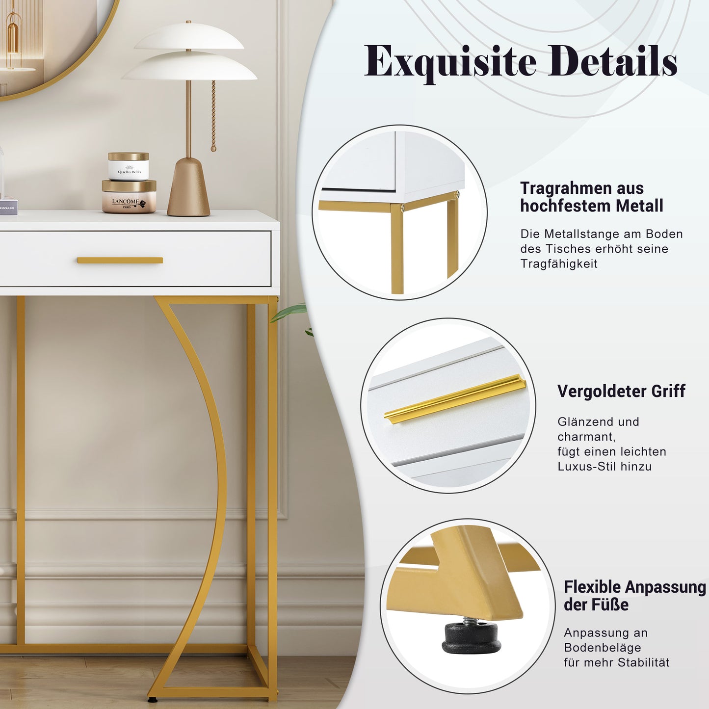 Konsolentisch,Flurtisch mit 2 Schublade ,Leichter Luxus-Stil Beistelltisch, Weiß/Gold