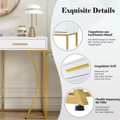 Konsolentisch,Flurtisch mit 2 Schublade ,Leichter Luxus-Stil Beistelltisch, Weiß/Gold