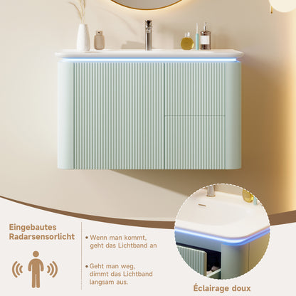 Badezimmerschrank Wandhängend 80cm Grün, 3D-Struktur & LED-Sensor, Waschtisch mit Keramikbecken, 4 leise Schubladen, Lackiert, Anti-Stoß