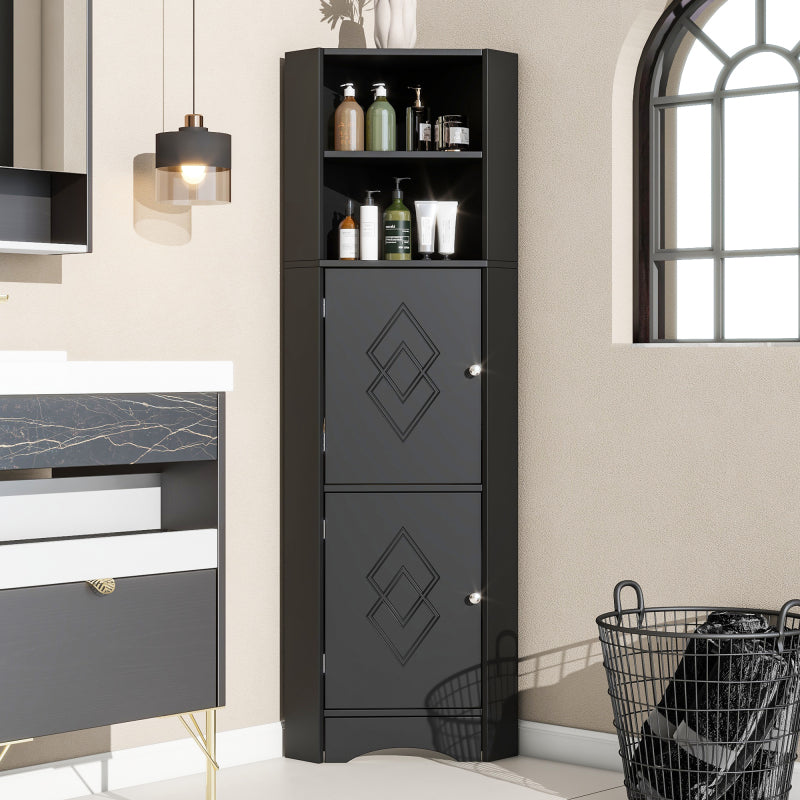 Badschrank, Badmöbel, Eckschrank mit zwei Ablagefächern, offenes Fach mit verstellbarem Einlegeboden, 36.5x 36.5 x 155 cm, schwarz