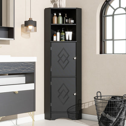 Badschrank, Badmöbel, Eckschrank mit zwei Ablagefächern, offenes Fach mit verstellbarem Einlegeboden, 36.5x 36.5 x 155 cm, schwarz