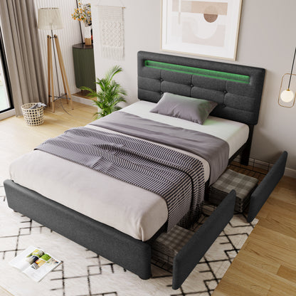Polsterbett 90x200cm mit LED & 2 Schubladen - Einzelbett Grau, Verstellbares Kopfteil & Lattenrost - Modernes Bettgestell (Ohne Matratze)