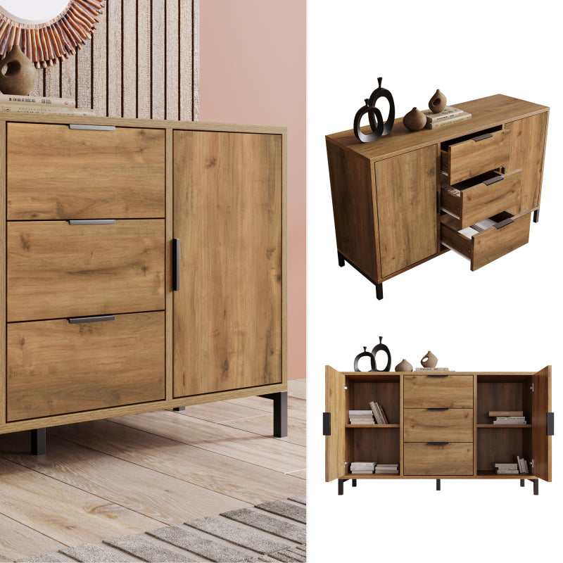Kommode mit 2 Türen und 3 Schubladen, 120 x 40 x 76 cm in Dunkle Eiche, Verstellbare Ablage, Sideboard Highboard für Schlafzimmer & alle Wohnräume