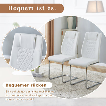 Nordischer Stil weißer PU Stuhl (vier Säcke in einem Paket) - Rückenlehne mit diamantförmigem Gitternähtdesign, glänzende silberne Metallbeine