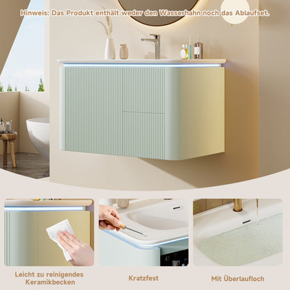 Badezimmerschrank Wandhängend 80cm Grün, 3D-Struktur & LED-Sensor, Waschtisch mit Keramikbecken, 4 leise Schubladen, Lackiert, Anti-Stoß