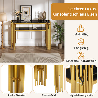 Mid-Century Modern Wohnzimmer Beistelltisch, Konsolentisch, Schwarzer Korpus mit goldenen Beinen, Doppelschicht MDF, Belastbarkeit bis 40 kg