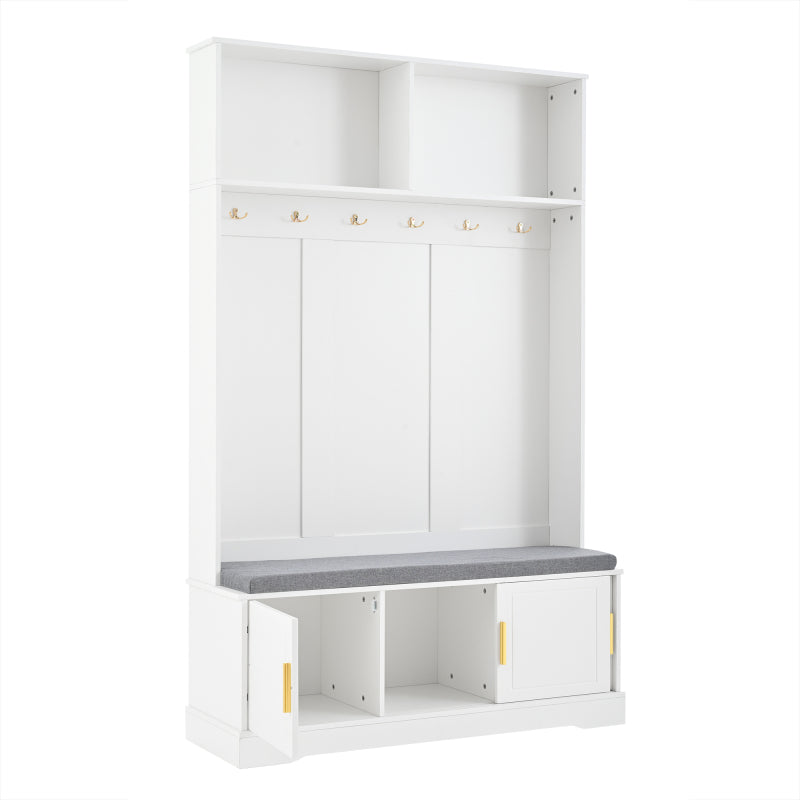 Garderobenständer mit  Schuhbank, Garderobe,  6 Dreifach-Haken,freistehend, platzsparend, für Eingangsbereich,Flur, Weiß