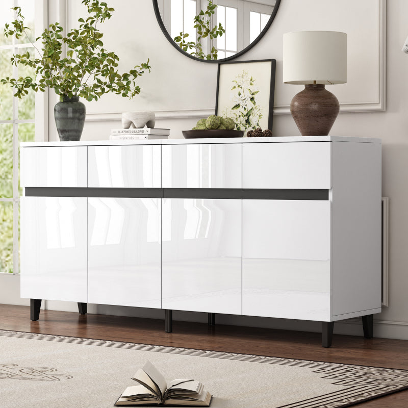 Hochglanz Sideboard, Kommoden,Highboard, Schubladenkommoden mit 4 Schubladen2 Türen und höhenverstellbaren Regalböden, weiß