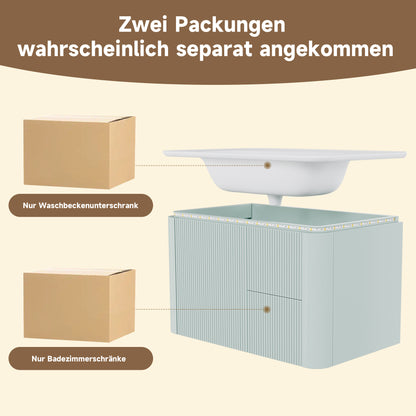 Badezimmerschrank Wandhängend 80cm Grün, 3D-Struktur & LED-Sensor, Waschtisch mit Keramikbecken, 4 leise Schubladen, Lackiert, Anti-Stoß